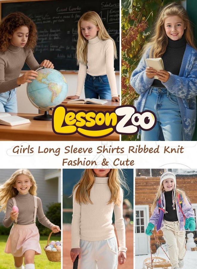 LessonZoo 3 Pack Girls Turtleneck Long Sleeve Shirts Ribbed Knit Cotton Layer Tops Slim Fit Casual Undershirts 5-14 Years, Black, Mocha, Cream, 11-12 Years - Image 4