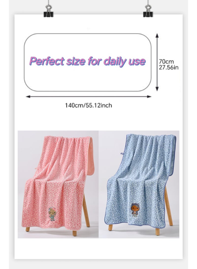 2-pack bath towels, measuring 55.12 inches in length and 27.56 inches in width, feature a cute Kitty leopard print design, are made of thick coral velvet, are quick-drying and absorbent, and are perfect for couples' household use - Image 3