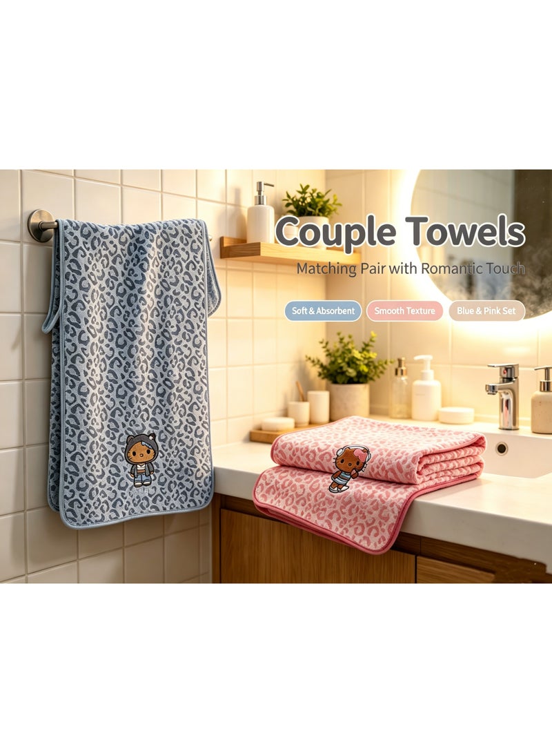 2-pack bath towels, measuring 55.12 inches in length and 27.56 inches in width, feature a cute Kitty leopard print design, are made of thick coral velvet, are quick-drying and absorbent, and are perfect for couples' household use - Image 4
