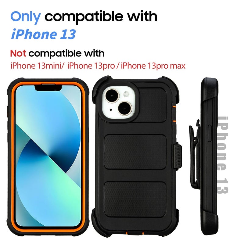 Saiboro for Defender Phone Case iPhone 13 Case with Belt Clip, for Shockproof iPhone 13 Case Heavy Duty Rugged, 2 Layers of Sturdy for iPhone13 Cases, Military-Grade Cover for iPhone13Case Black & Orange - Image 2