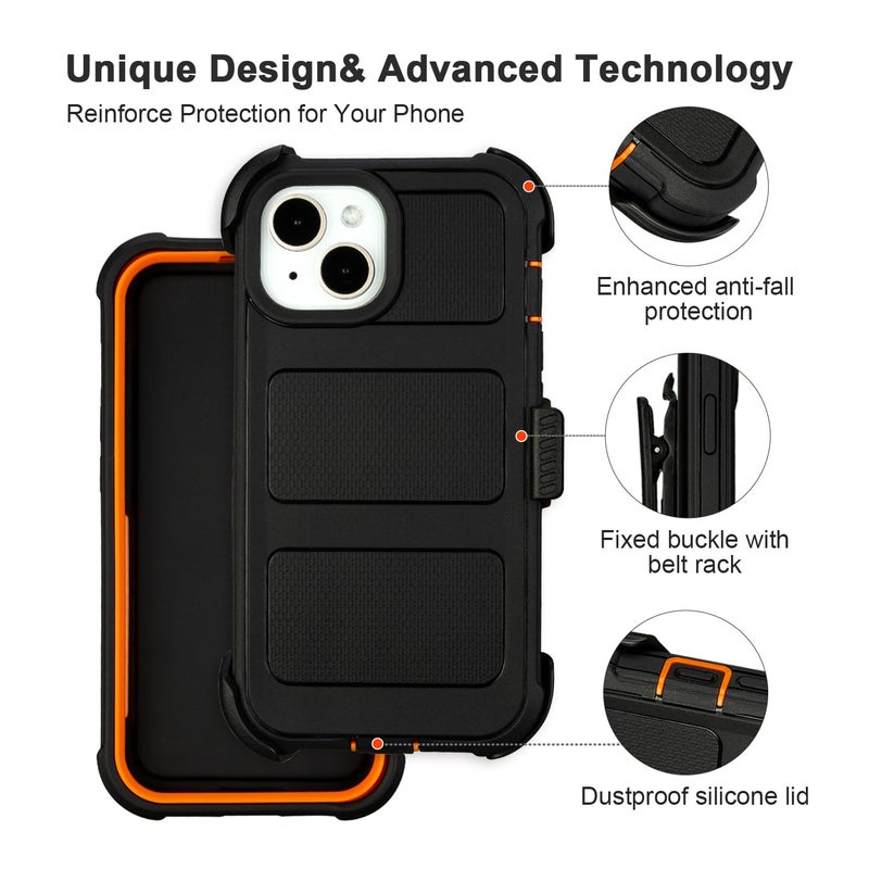 Saiboro for Defender Phone Case iPhone 13 Case with Belt Clip, for Shockproof iPhone 13 Case Heavy Duty Rugged, 2 Layers of Sturdy for iPhone13 Cases, Military-Grade Cover for iPhone13Case Black & Orange - Image 4