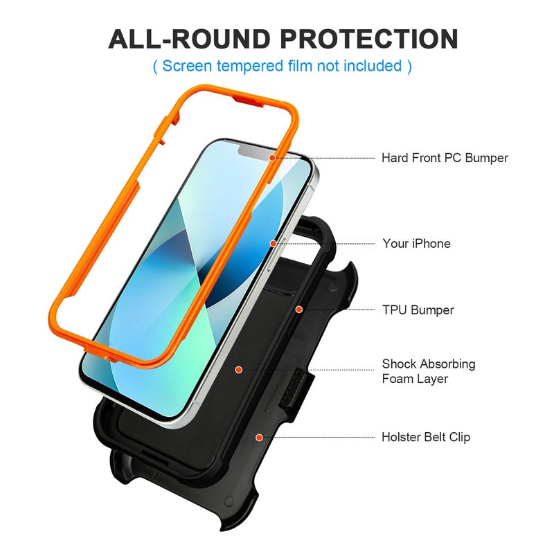 Saiboro for Defender Phone Case iPhone 13 Case with Belt Clip, for Shockproof iPhone 13 Case Heavy Duty Rugged, 2 Layers of Sturdy for iPhone13 Cases, Military-Grade Cover for iPhone13Case Black & Orange - Image 3