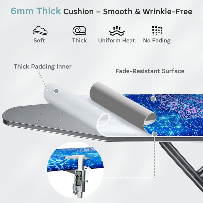 FIOBEE Ironing Board Cover and Pad Extra Thick Iron Board Pad with Heat-Resistant Mesh Padded Iron Board Covers Adjustable Buckle & Elastic Edges for 15x54 Standard Size Ironing Board, Blue Mandala - Image 3