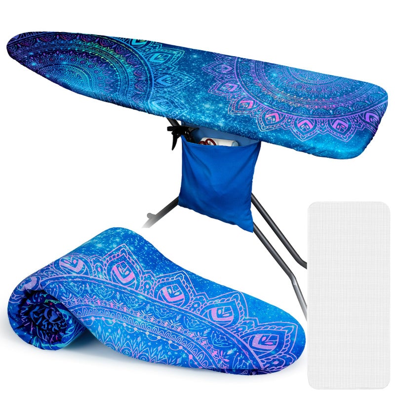 FIOBEE Ironing Board Cover and Pad Extra Thick Iron Board Pad with Heat-Resistant Mesh Padded Iron Board Covers Adjustable Buckle & Elastic Edges for 15x54 Standard Size Ironing Board, Blue Mandala - Image 1