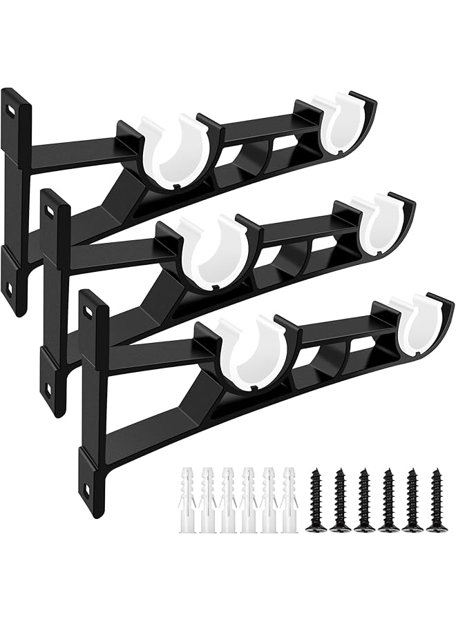 erorex Double Curtain Rod Bracket, Curtain Rod Brackets, Heavy Duty Curtain Rod Holder for 1Inch Curtain Rods, Curtain Rod Hooks for Wall Black Double Curtain Brackets Hook, Set of 3 Drape Rod Bracket  - Image 1