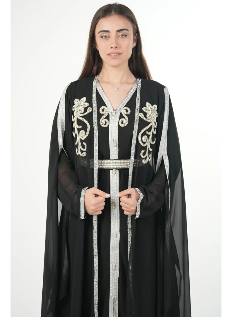AL BENT AL SHARQIEH black embroidered chiffon kaftan dress for Women | Best Price UAE