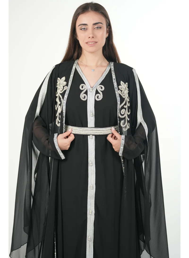 AL BENT AL SHARQIEH black embroidered chiffon kaftan dress for Women | Best Price UAE
