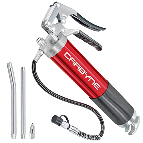 Carbyne Grease Gun - Pistol Grip, 7500 PSI, Heavy Duty Professional Quality, Anodized Aluminum Barrel. 18" HD Flex Hose w/Spring, 6" Straight & 6" Angled Tube, Coupler & Needle Noze, 3-Way Loading - Image 1