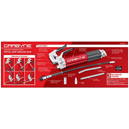 Carbyne Grease Gun - Pistol Grip, 7500 PSI, Heavy Duty Professional Quality, Anodized Aluminum Barrel. 18" HD Flex Hose w/Spring, 6" Straight & 6" Angled Tube, Coupler & Needle Noze, 3-Way Loading - Image 5