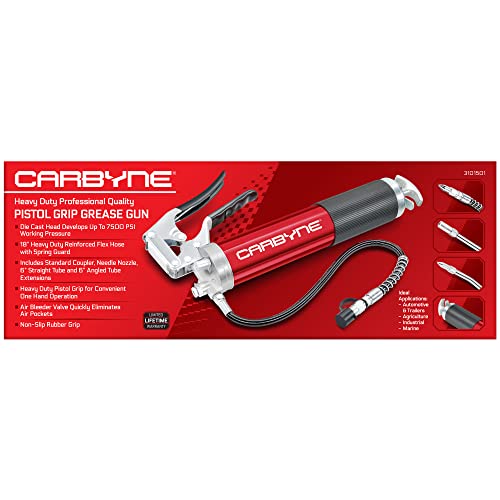 Carbyne Grease Gun - Pistol Grip, 7500 PSI, Heavy Duty Professional Quality, Anodized Aluminum Barrel. 18" HD Flex Hose w/Spring, 6" Straight & 6" Angled Tube, Coupler & Needle Noze, 3-Way Loading - Image 4