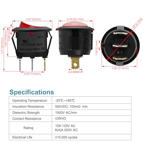 Heschen Round Rocker Switch ON-Off SPST 3 Terminals Red Light 10A 250VAC 5Pack - Image 2