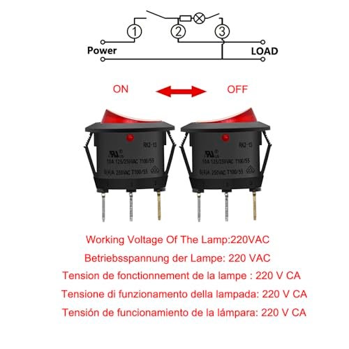 Heschen Round Rocker Switch ON-Off SPST 3 Terminals Red Light 10A 250VAC 5Pack - Image 3
