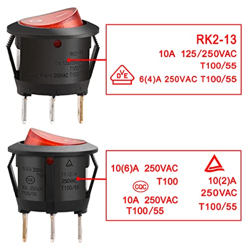 Heschen Round Rocker Switch ON-Off SPST 3 Terminals Red Light 10A 250VAC 5Pack - Image 4