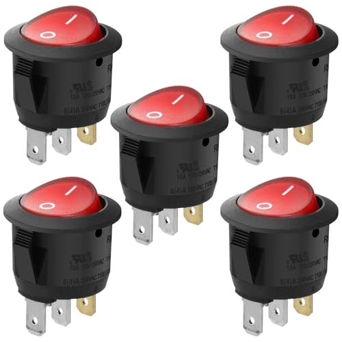 Heschen Round Rocker Switch ON-Off SPST 3 Terminals Red Light 10A 250VAC 5Pack - Image 1