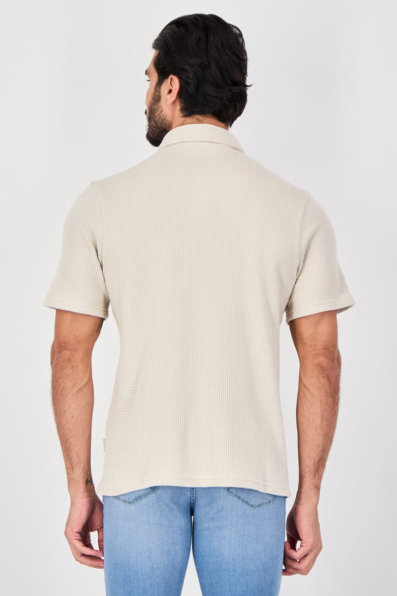 Rainforest Men Regular Fit Textured Short Sleeve Polo Shirt, Beige - Image 3