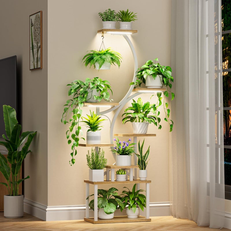 BACEKOLL 8-Tiered Plant Stand With Grow Lights - 62" Tall Indoor Shelf for Multiple Plants, Metal S-Shaped Flower Holder Rack for Home, Patio (White) - Image 1