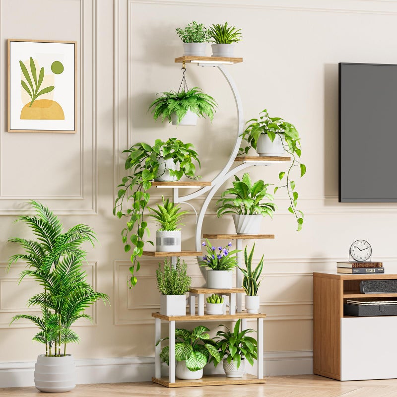 BACEKOLL 8-Tiered Plant Stand With Grow Lights - 62" Tall Indoor Shelf for Multiple Plants, Metal S-Shaped Flower Holder Rack for Home, Patio (White) - Image 4