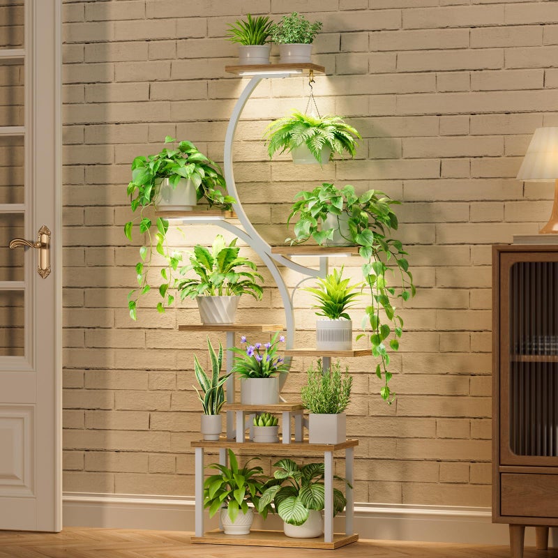 BACEKOLL 8-Tiered Plant Stand With Grow Lights - 62" Tall Indoor Shelf for Multiple Plants, Metal S-Shaped Flower Holder Rack for Home, Patio (White) - Image 2