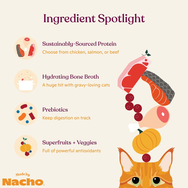 Made by Nacho Wet Cat Food Variety 12 Pack (3oz Each), Cage-Free Chicken, Sustainably Caught Salmon, Grass-Fed Beef with Bone Broth for Extra Hydration, Gravy Cut Pouches - Image 4