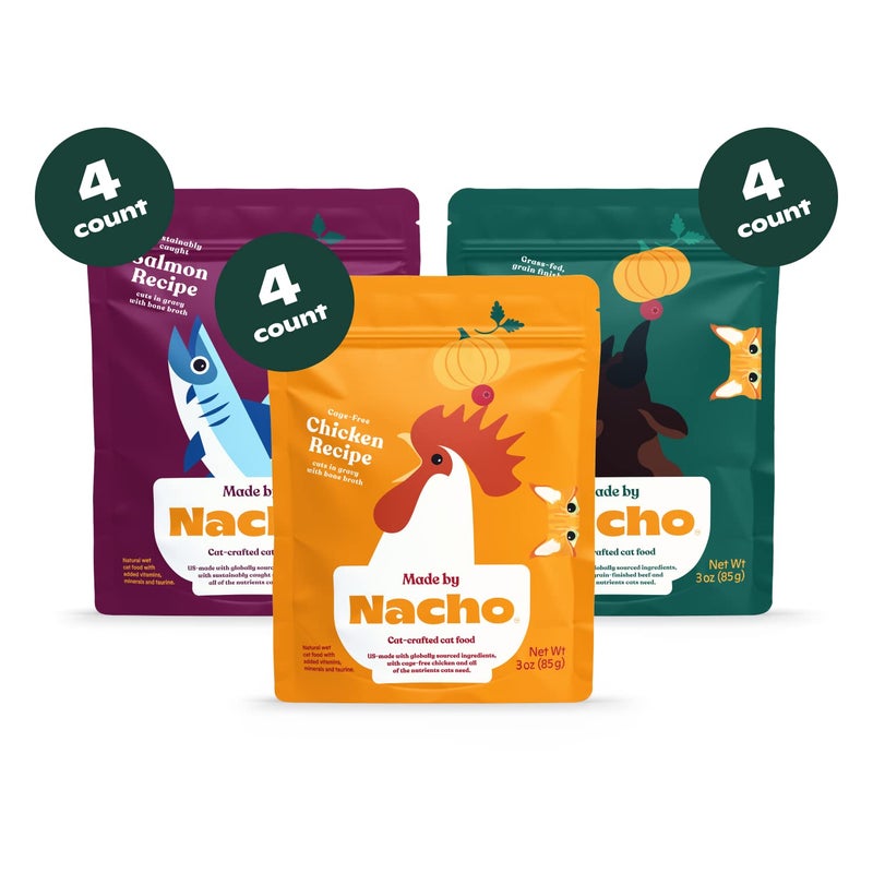 Made by Nacho Wet Cat Food Variety 12 Pack (3oz Each), Cage-Free Chicken, Sustainably Caught Salmon, Grass-Fed Beef with Bone Broth for Extra Hydration, Gravy Cut Pouches - Image 2