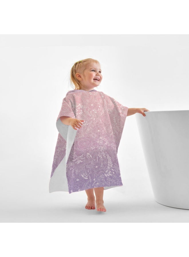 Gradient Pink Lavender Mist Base Full Printed Thin Line Sketch Rose Wildflower Vine Floral Unisex Kids Hooded Quick Dry Poncho Towel, Polyester Soft Water Absorbent Loose Windproof Bath Wrap for All Kids, Ideal for Beach, Swimming Pool, Hot Spring & Daily Shower - Image 1