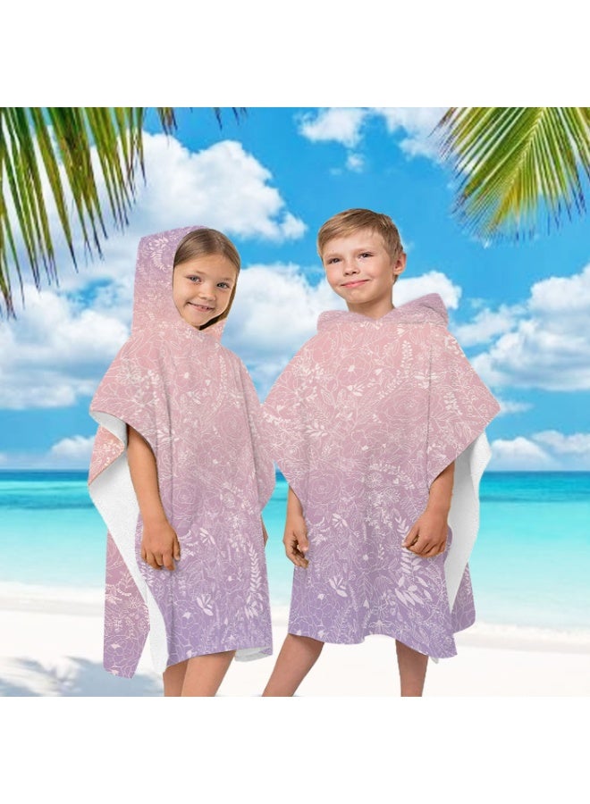 Gradient Pink Lavender Mist Base Full Printed Thin Line Sketch Rose Wildflower Vine Floral Unisex Kids Hooded Quick Dry Poncho Towel, Polyester Soft Water Absorbent Loose Windproof Bath Wrap for All Kids, Ideal for Beach, Swimming Pool, Hot Spring & Daily Shower - Image 2