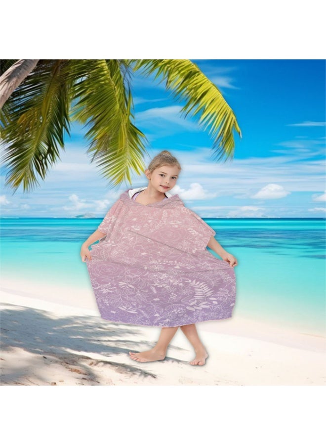 Gradient Pink Lavender Mist Base Full Printed Thin Line Sketch Rose Wildflower Vine Floral Unisex Kids Hooded Quick Dry Poncho Towel, Polyester Soft Water Absorbent Loose Windproof Bath Wrap for All Kids, Ideal for Beach, Swimming Pool, Hot Spring & Daily Shower - Image 4