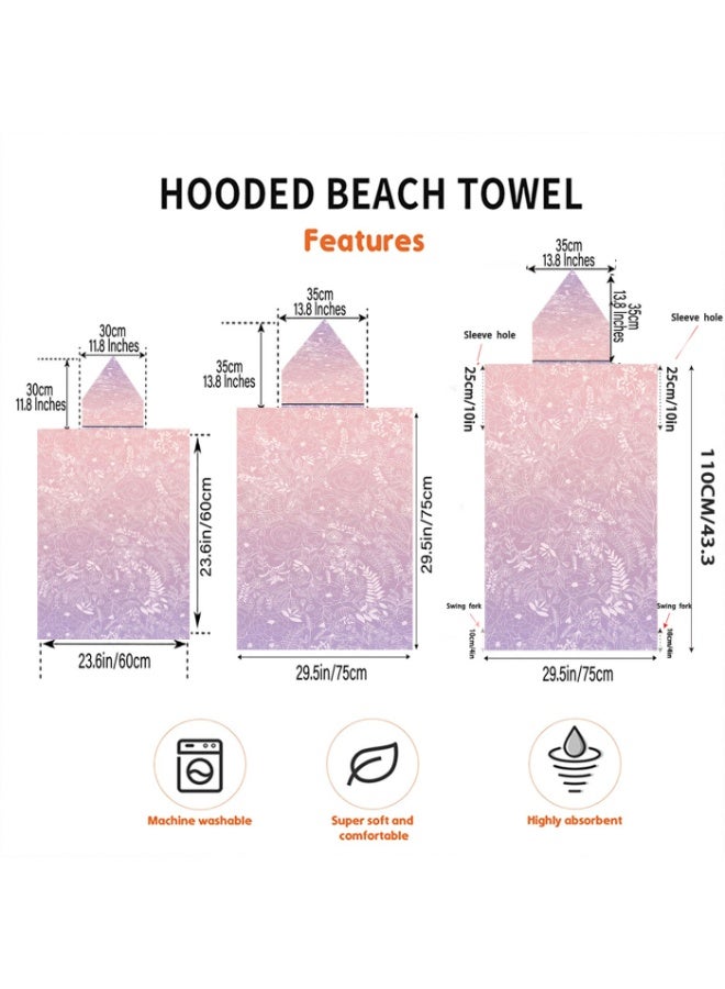 Gradient Pink Lavender Mist Base Full Printed Thin Line Sketch Rose Wildflower Vine Floral Unisex Kids Hooded Quick Dry Poncho Towel, Polyester Soft Water Absorbent Loose Windproof Bath Wrap for All Kids, Ideal for Beach, Swimming Pool, Hot Spring & Daily Shower - Image 5