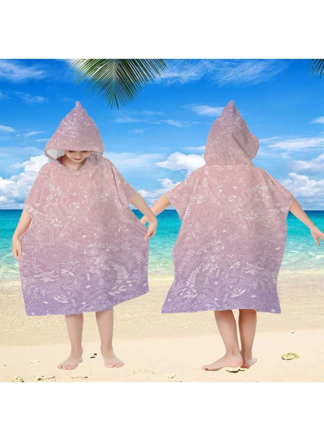 Gradient Pink Lavender Mist Base Full Printed Thin Line Sketch Rose Wildflower Vine Floral Unisex Kids Hooded Quick Dry Poncho Towel, Polyester Soft Water Absorbent Loose Windproof Bath Wrap for All Kids, Ideal for Beach, Swimming Pool, Hot Spring & Daily Shower - Image 3