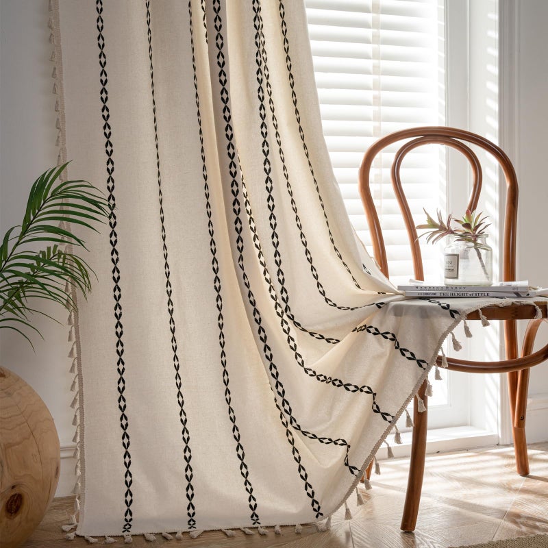 Deeprove Black and White Boho Curtains 84 inches Length for Living Room Bedroom Nursery, Vintage Chic Bohemian 84 inches Long Stripe Embroidery Farmhouse Tassel Privacy Window Decor W52 x L84, 1 Panel - Image 1