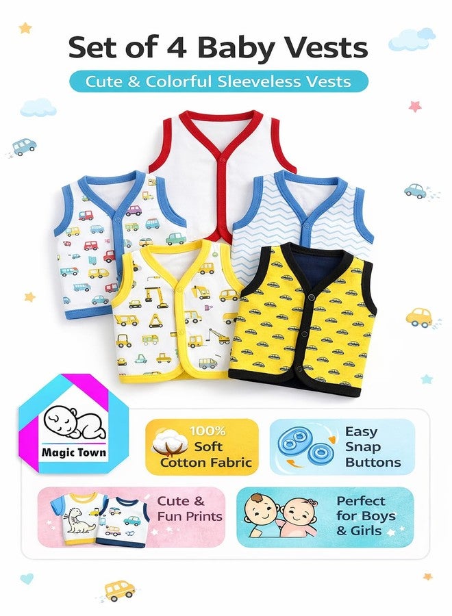 Magic Town Baby Sleeveless, Front Open Vest | T-Shirt for Boys and Girls |Multicolour| Pack of 4 (IN, Age, 0 Months, 3 Months) - Image 2