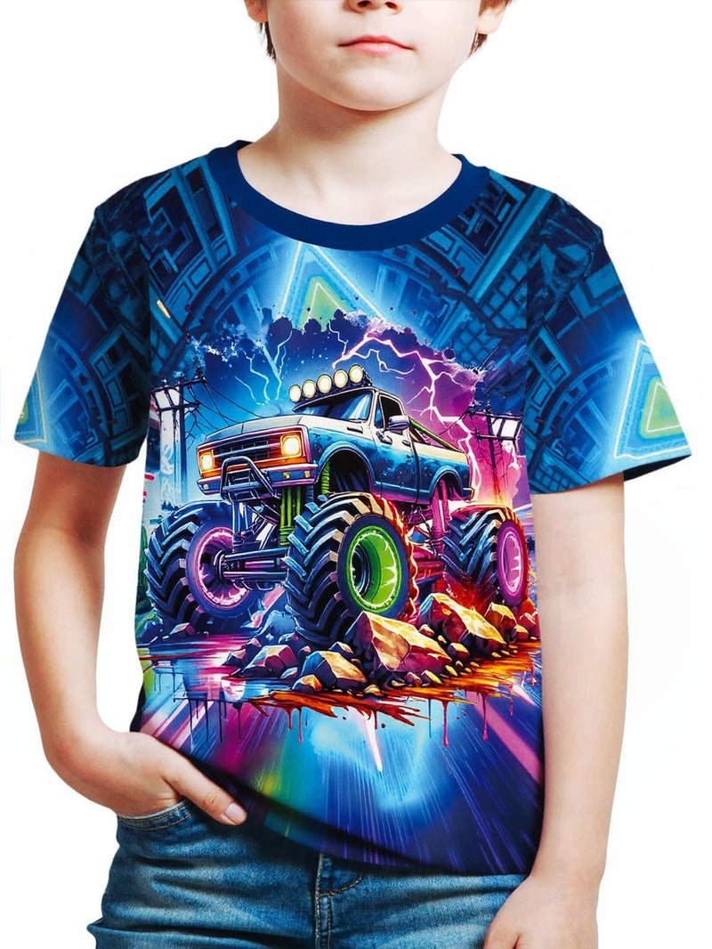 Frogwill Boys Monster Truck Neon 3D Printed T Shirt Short Sleeve Tee, Monster Truck, 7-8 Years - Image 1