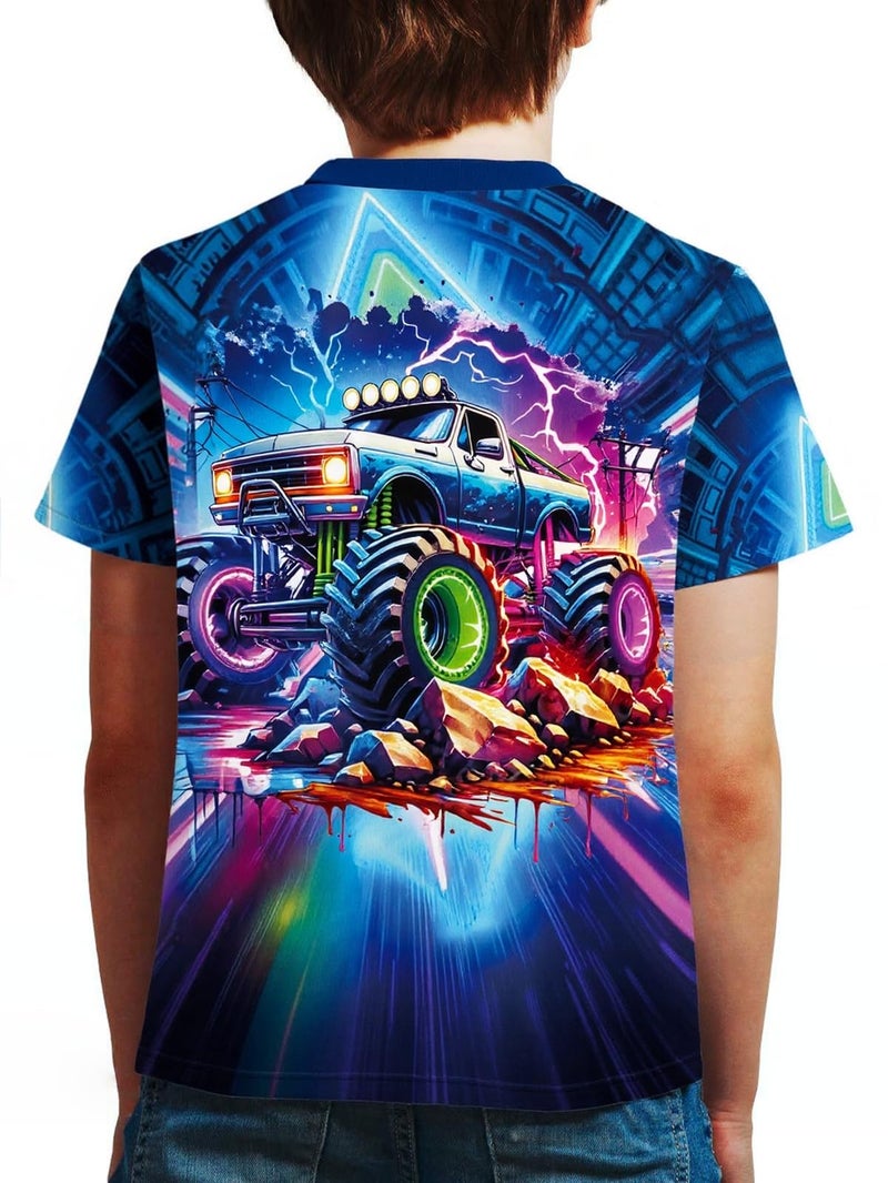 Frogwill Boys Monster Truck Neon 3D Printed T Shirt Short Sleeve Tee, Monster Truck, 7-8 Years - Image 2