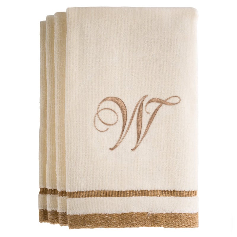 Creative Scents Monogrammed Gifts, Fingertip Towels, 11 x 18 Inches - Set of 4- Decorative Golden Brown Embroidered Towel - Extra Absorbent 100% Cotton- Personalized Gift- For Bathroom/ Kitchen- Initial W (Ivory) - Image 1