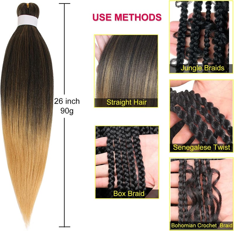 Leeven 26 Inch Ombre Ginger Orange Pre Stretched Braiding Hair 8 Packs Long Professional Synthetic Hair Extension Yaki Texture Braiding Hair Pre Stretched For Women Crochet Twist (350#) - Image 4