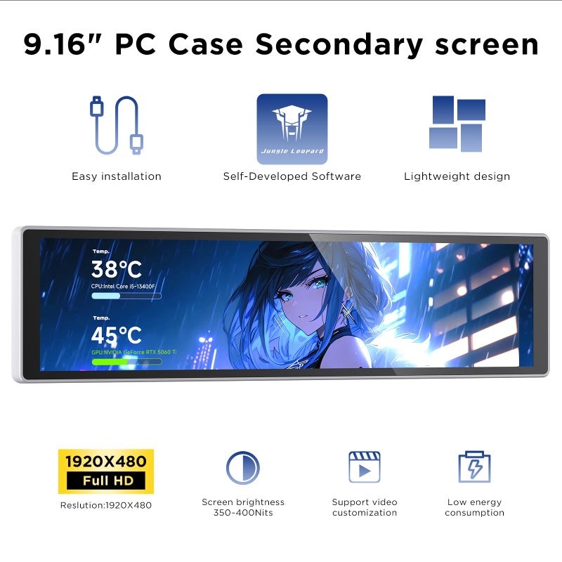 Jungle Leopard 9.16 Inch LCD Mini Secondary Monitor PC Computer|Customizable 1920*480 IPS Temperature display screen|USB TYPE-C 9-Pin Motherboard Connection for Laptop Computer Windows GPU CPU-White - Image 2