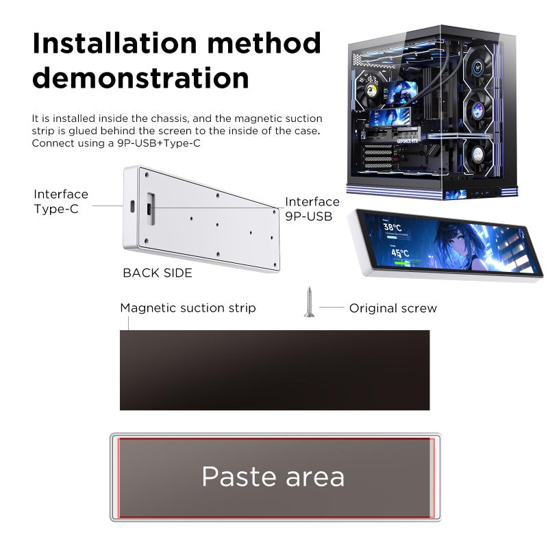 Jungle Leopard 9.16 Inch LCD Mini Secondary Monitor PC Computer|Customizable 1920*480 IPS Temperature display screen|USB TYPE-C 9-Pin Motherboard Connection for Laptop Computer Windows GPU CPU-White - Image 3