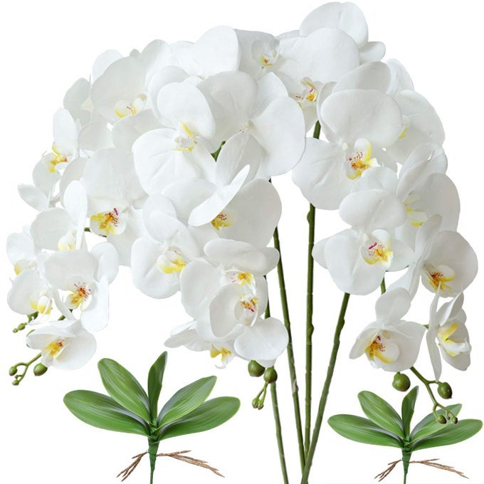 32 ARTIFICIAL PHALAENOPSIS FLOWERS 4 PCS WITH 2 BUNDLES LEAVES ARTIFICIAL ORCHID FLOWERS STEM PLANTS FOR HOME DCOR WHITE