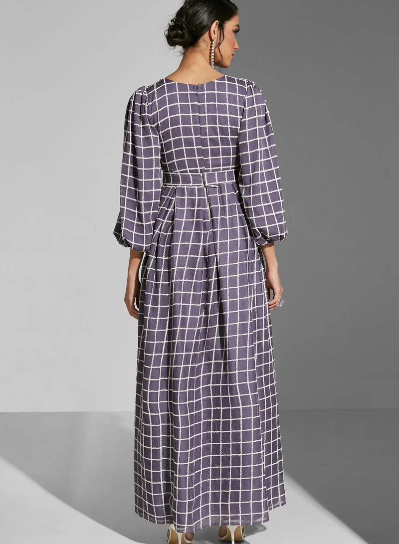 Fashion Trends by Suzy Matar Puff Sleeve Check Detail Dress