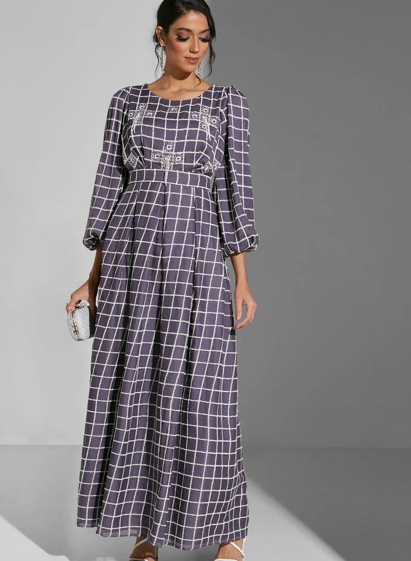 Fashion Trends by Suzy Matar Puff Sleeve Check Detail Dress