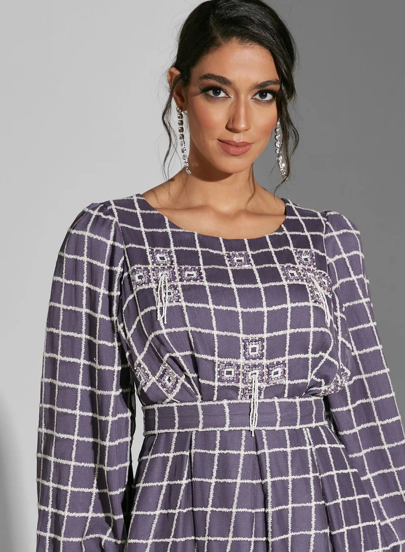 Fashion Trends by Suzy Matar Puff Sleeve Check Detail Dress