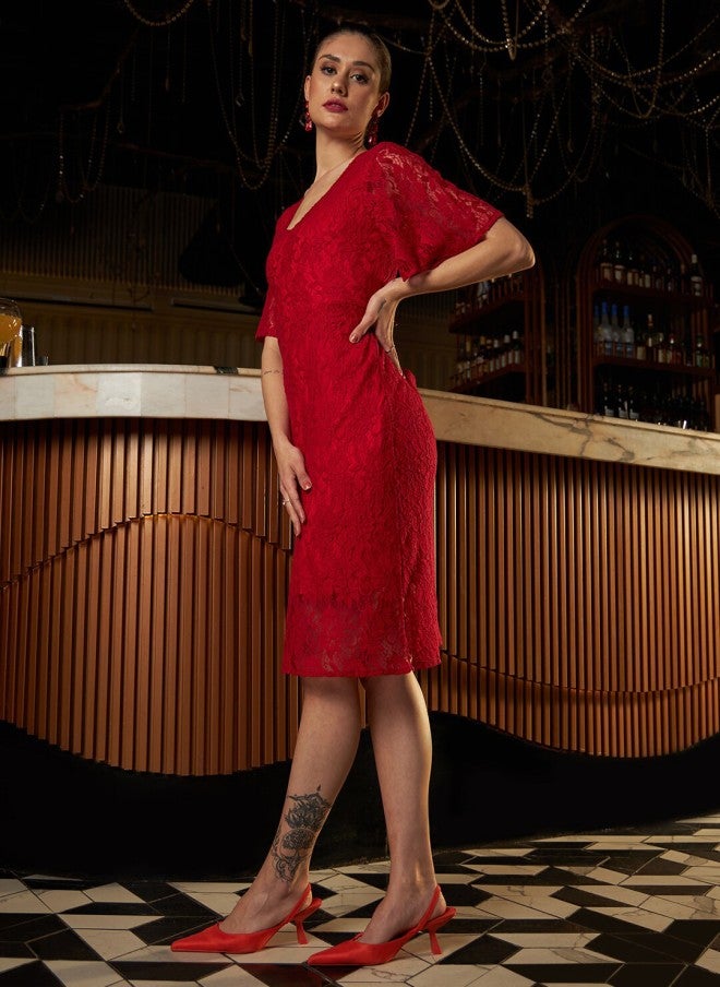 Athena Red Lace A-Line Dress for Women - Image 3