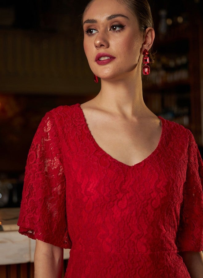 Athena Red Lace A-Line Dress for Women - Image 2