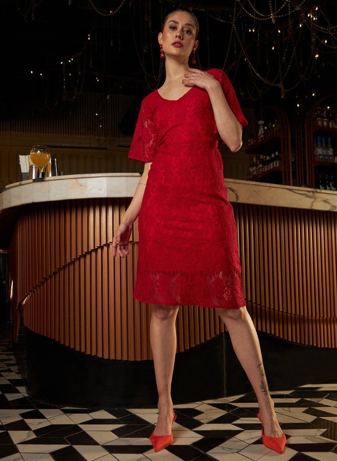 Athena Red Lace A-Line Dress for Women - Image 1