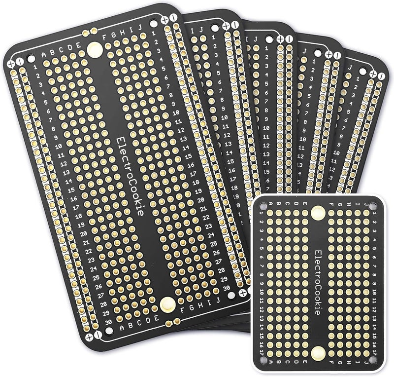 ElectroCookie Prototype PCB Solderable Breadboard for Electronics Projects Compatible for DIY Arduino Soldering Projects, Gold-Plated (5 Pack + 1 Mini Board, Matte Black) - Image 1