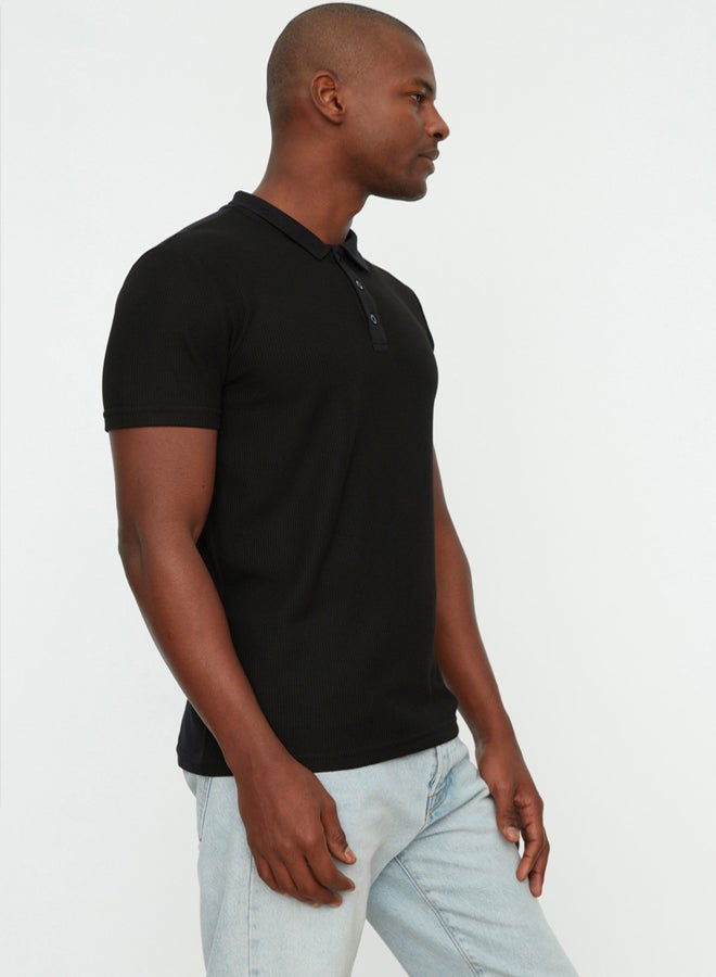 trendyol Black Slim/Slim Cut Textured Buttoned 100% Cotton Polo Neck T-shirt - Image 4