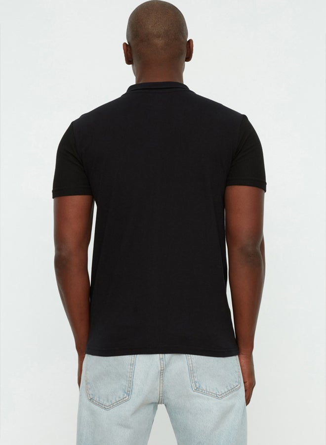 trendyol Black Slim/Slim Cut Textured Buttoned 100% Cotton Polo Neck T-shirt - Image 5