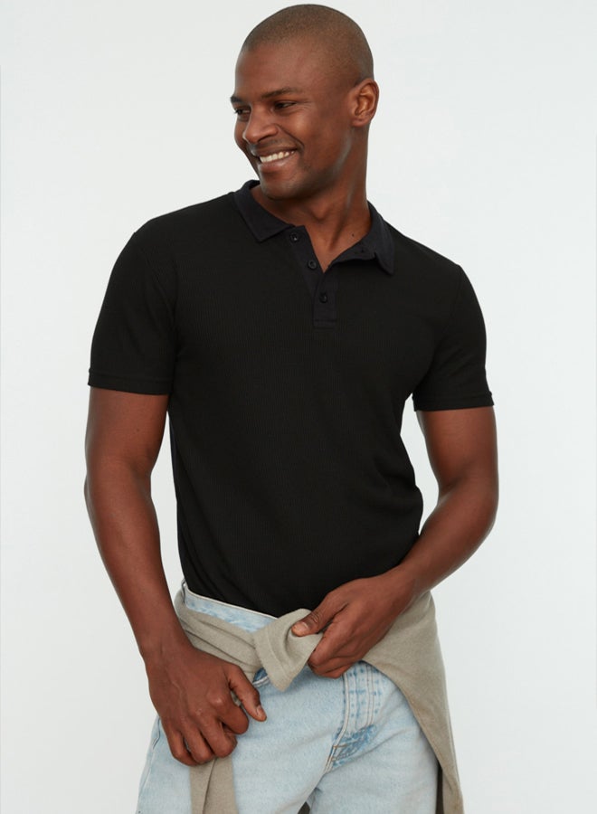 trendyol Black Slim/Slim Cut Textured Buttoned 100% Cotton Polo Neck T-shirt - Image 2