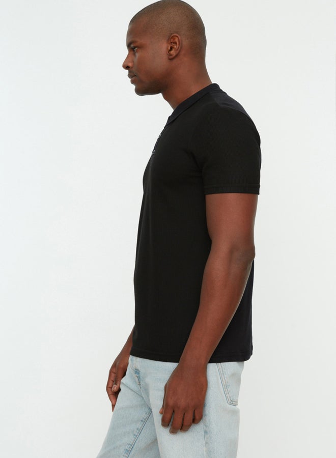 trendyol Black Slim/Slim Cut Textured Buttoned 100% Cotton Polo Neck T-shirt - Image 3