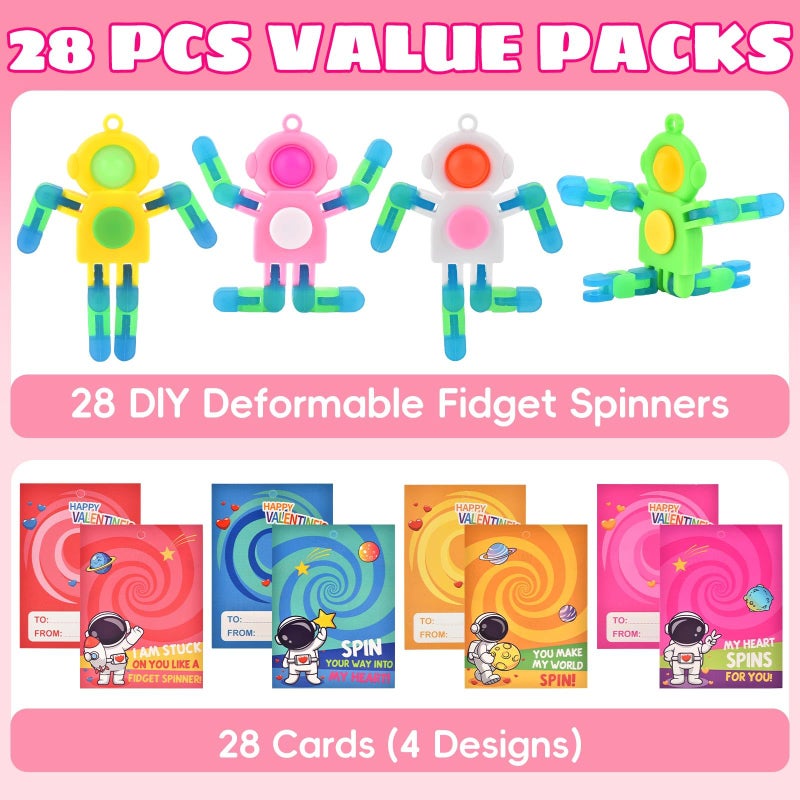 Amplov 28 Pack Valentines Day Gifts for Kids â€” Space Astronaut Robot POP Fidget Spinner Toys with Cards for School Classroom Exchange, Party Favors & Game Prizes, Boys Girls - Image 2